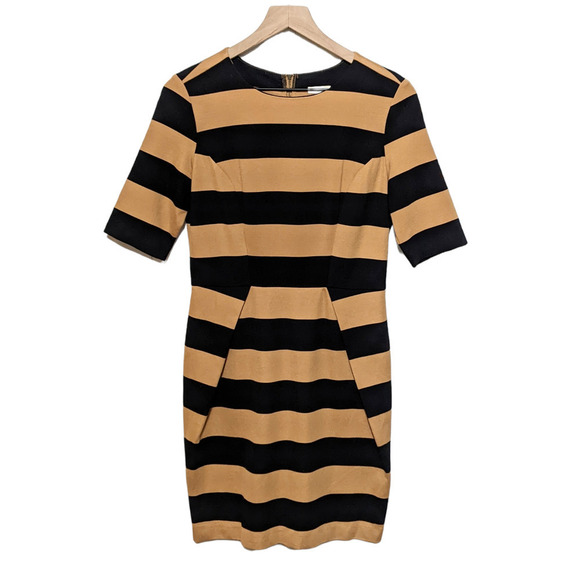 Fossil Dress Womens S Tan Black Rugby Striped Short Sleeve Sheath Zip Preppy - Picture 1 of 4